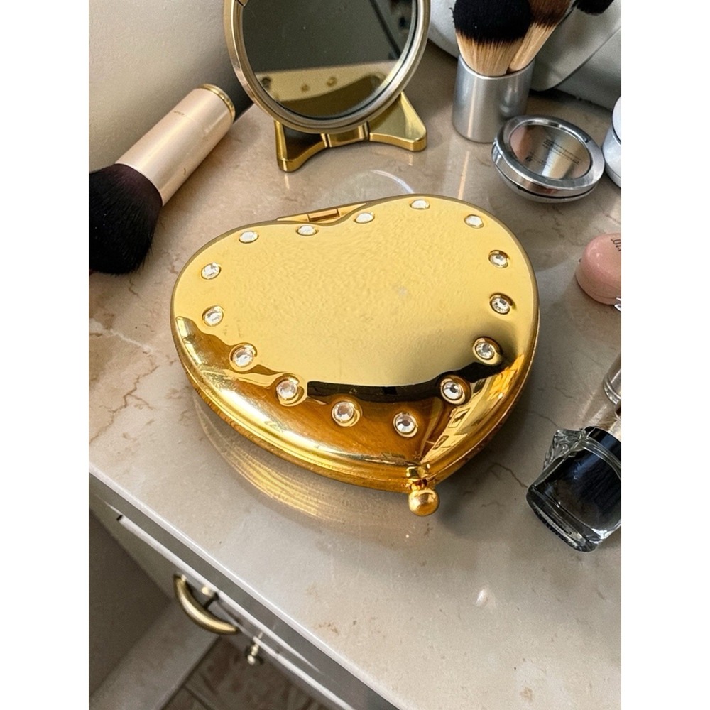 Vintage Gold Tone Heart Solid Perfume Compact Rhinestone Tova Beverly Hills